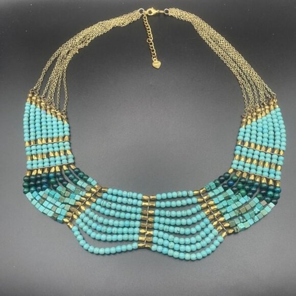 Nakamol Signed Necklace Layered Natural Stone Turquoise Bib Gold Bead Anthro SW - Picture 2 of 11